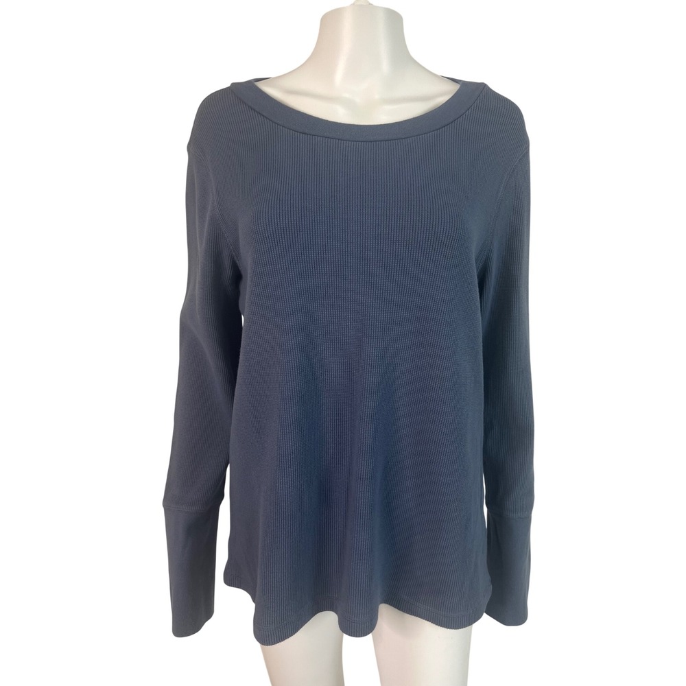 Sundance Womens Top Blue Waffle Knit Thermal Button Cuff Floral Boho  Size XL